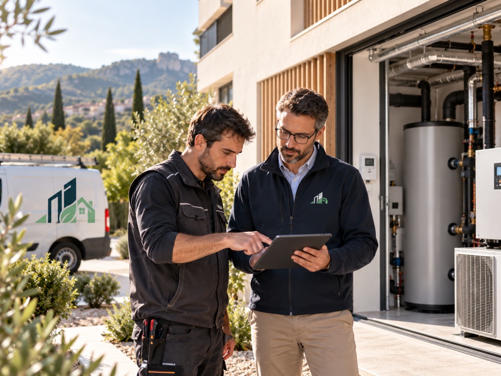 Un technicien et un responsable CALIGREEN consultant une tablette devant une installation technique, sur un chantier