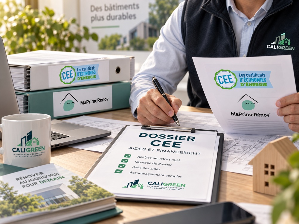 Montage d'un dossier de Certificats d'Économies d'Énergie, documents et plans sur un bureau