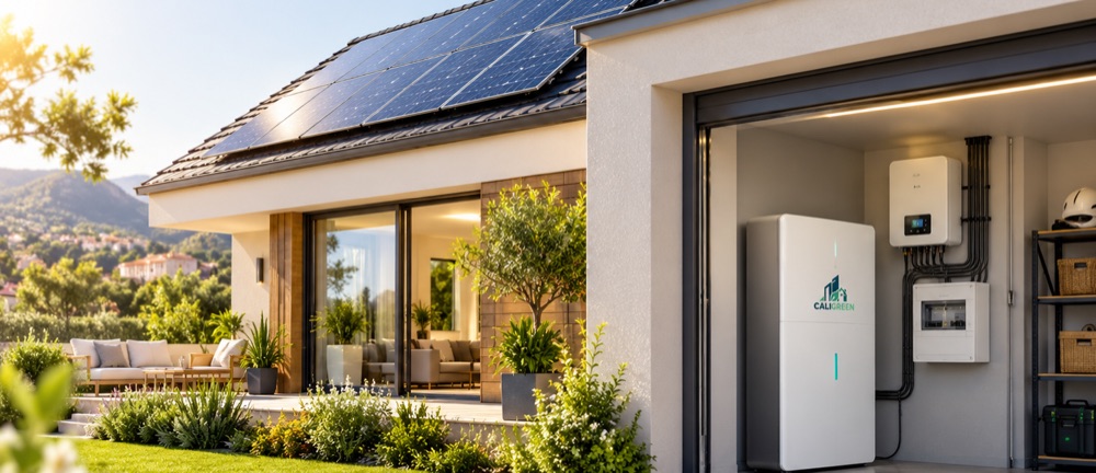 Panneaux photovoltaïques en toiture et batterie de stockage dans le garage d'une maison