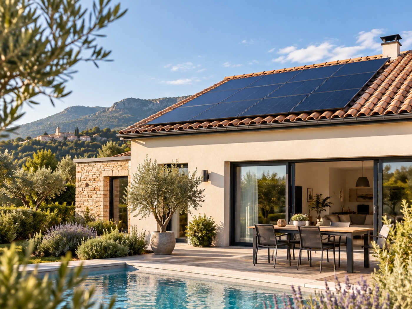 Modules photovoltaïques posés sur la toiture en tuiles d'une maison individuelle