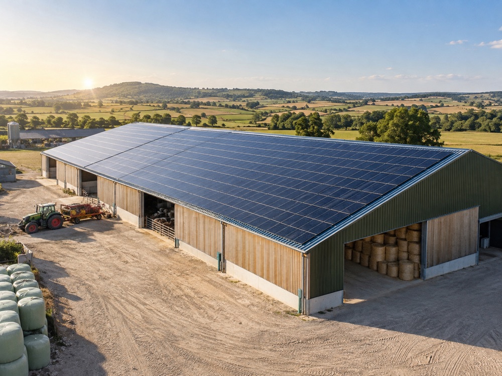Hangar agricole dont la toiture est intégralement couverte de panneaux photovoltaïques