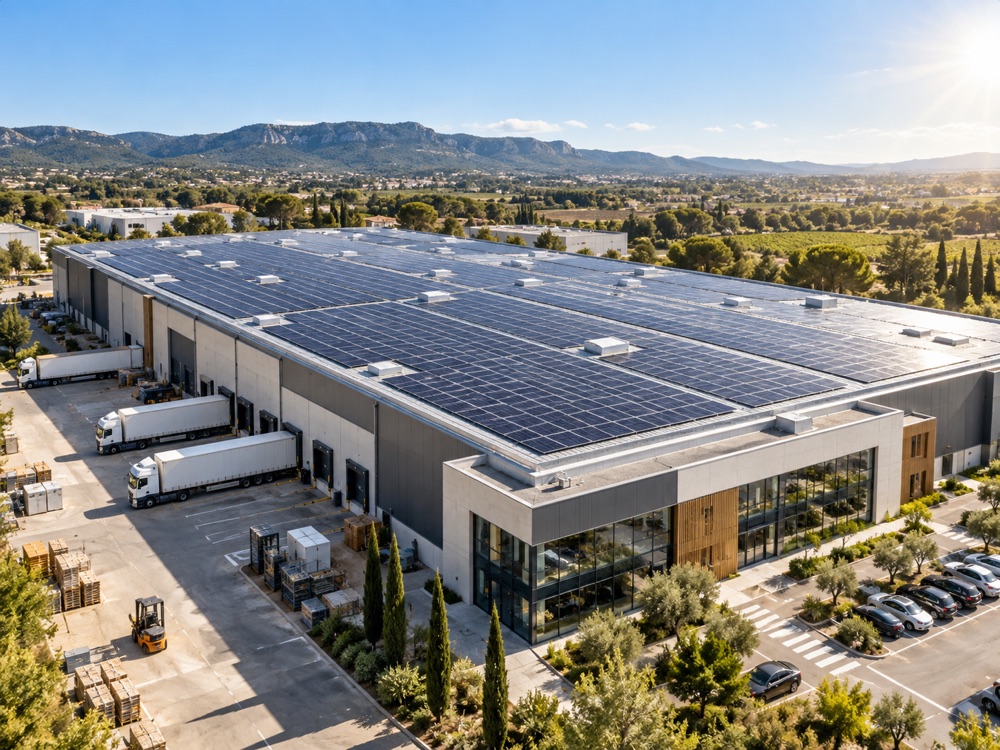 Toiture d'un bâtiment logistique entièrement couverte de panneaux photovoltaïques, en Méditerranée