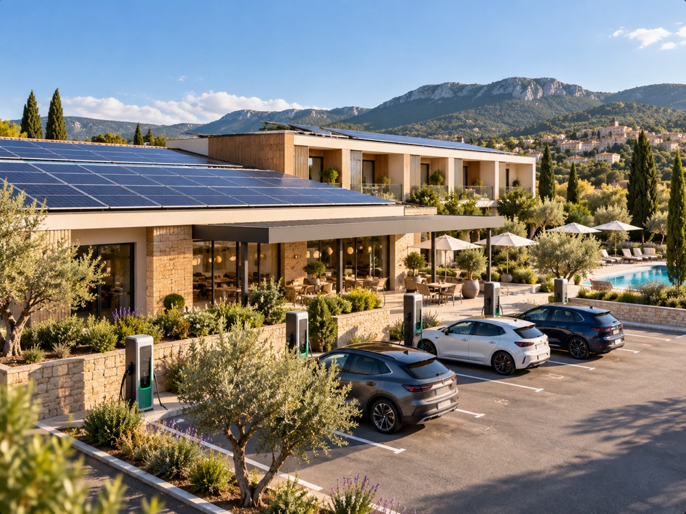 Établissement hôtelier équipé de panneaux photovoltaïques en toiture et de bornes de recharge sur son parking