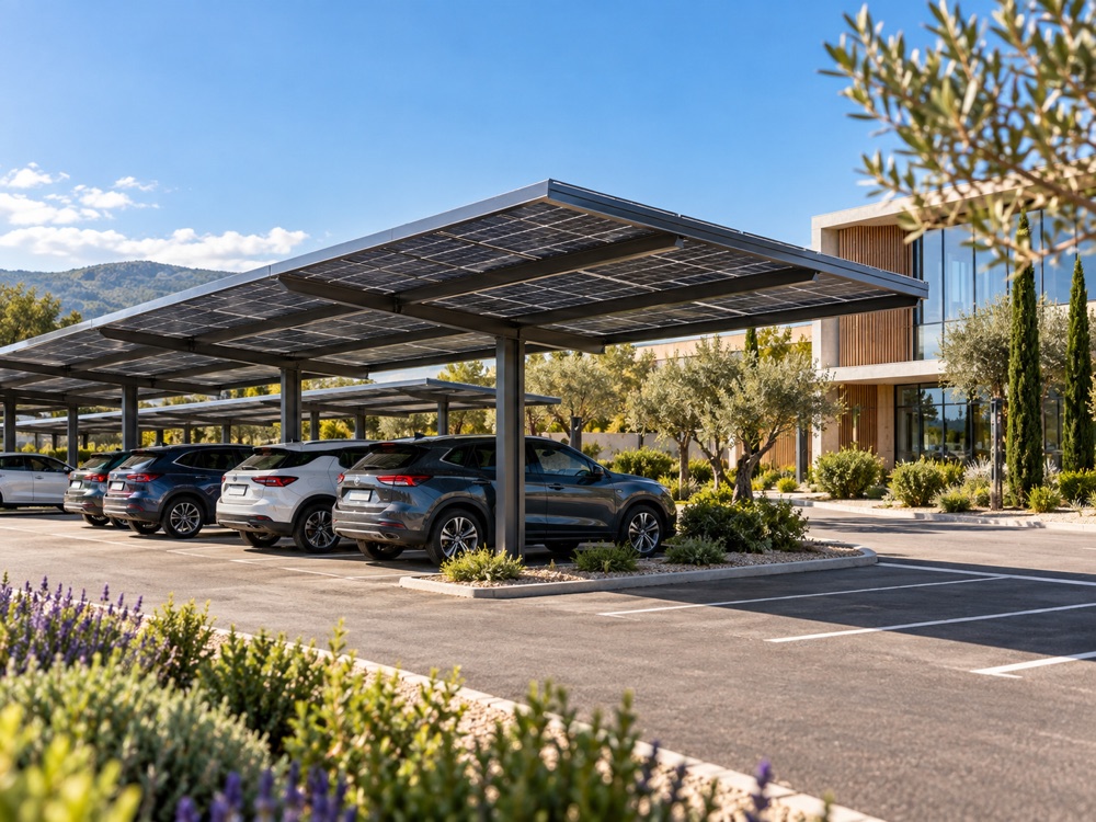 Ombrière photovoltaïque abritant les véhicules du parking d'un bâtiment tertiaire
