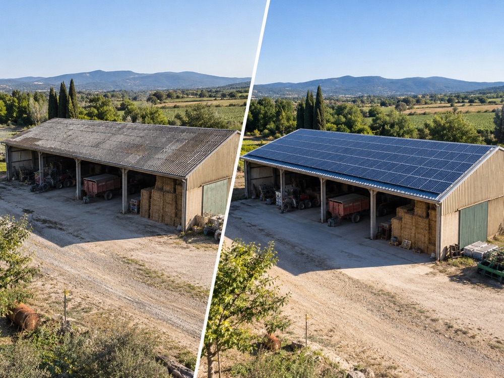 Comparaison avant et après d'un bâtiment agricole : couverture ancienne à gauche, toiture rénovée équipée de panneaux photovoltaïques à droite