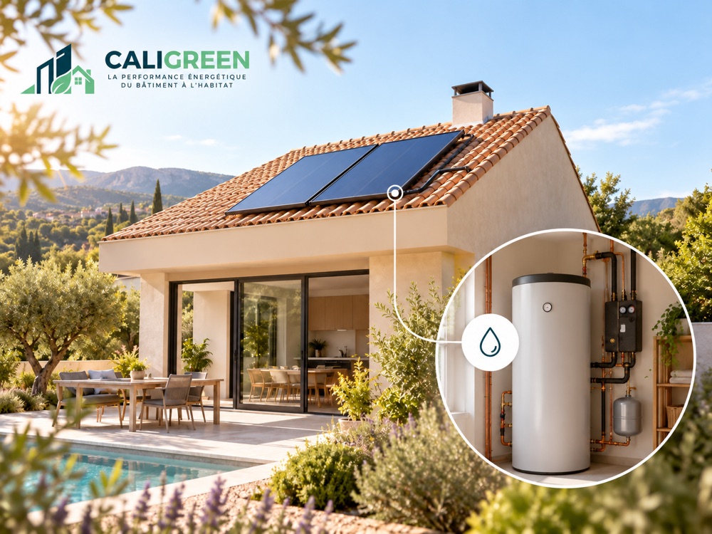 Maison équipée de capteurs solaires thermiques en toiture, reliés au ballon d'eau chaude et à son circuit hydraulique
