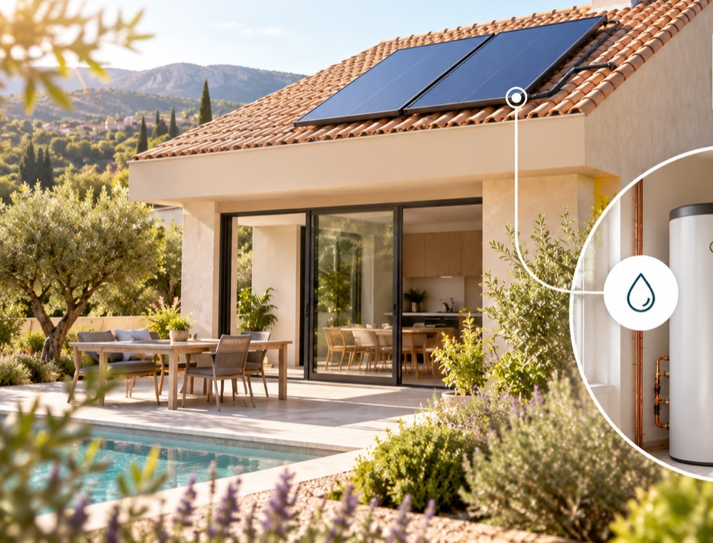 Capteurs solaires thermiques posés sur la toiture d'une maison