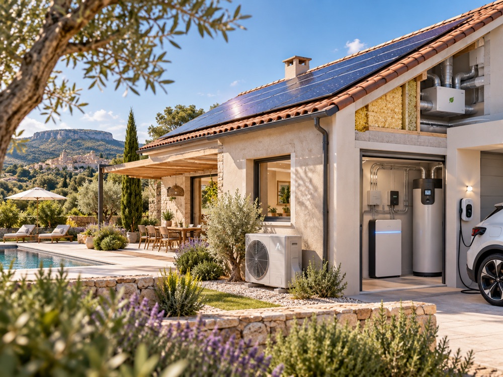 Maison individuelle équipée de panneaux photovoltaïques, d'une pompe à chaleur, d'un ballon thermodynamique, d'une ventilation et d'une borne de recharge