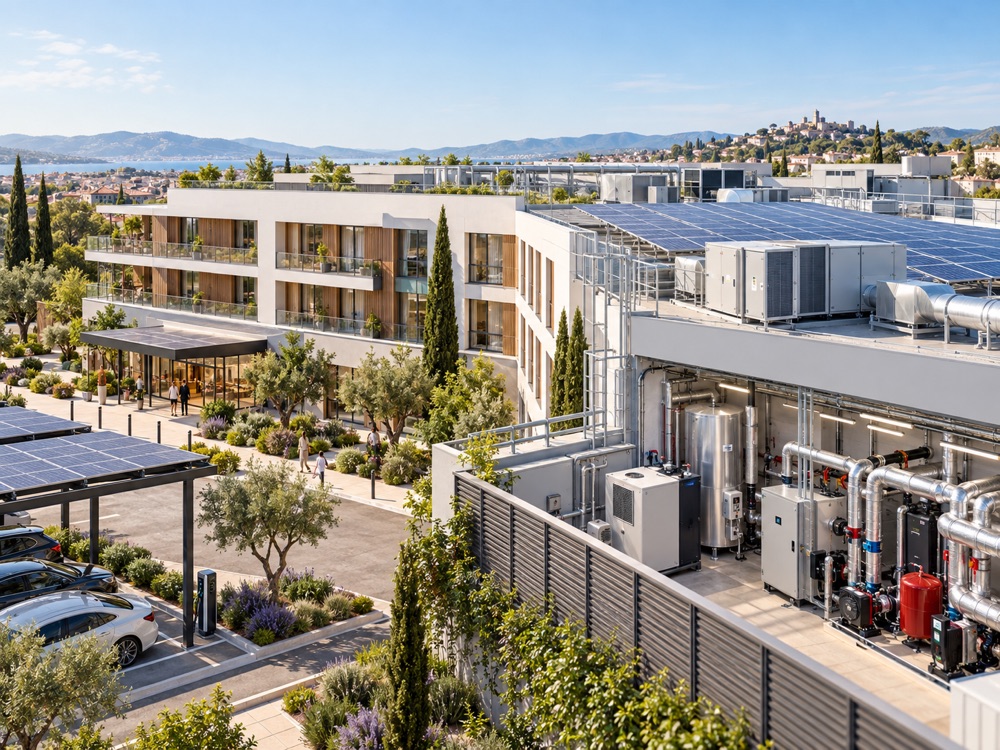 Bâtiment tertiaire équipé de panneaux photovoltaïques en toiture, d'ombrières de parking, d'une chaufferie et de réseaux techniques