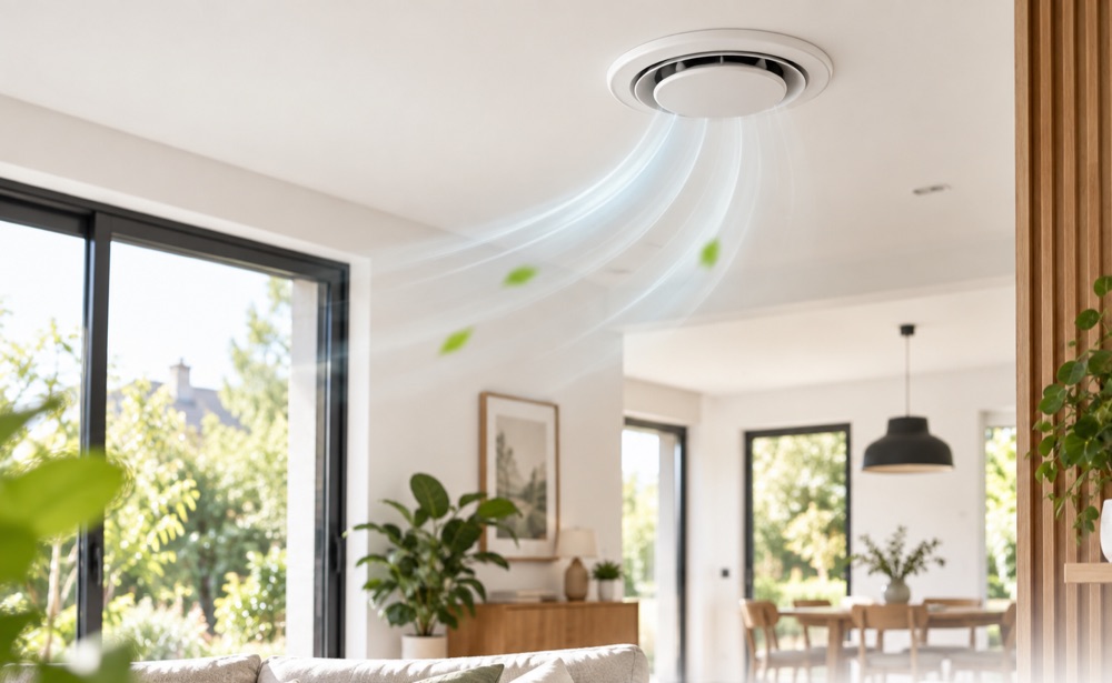 Bouche de ventilation au plafond d'un séjour, diffusant un flux d'air renouvelé