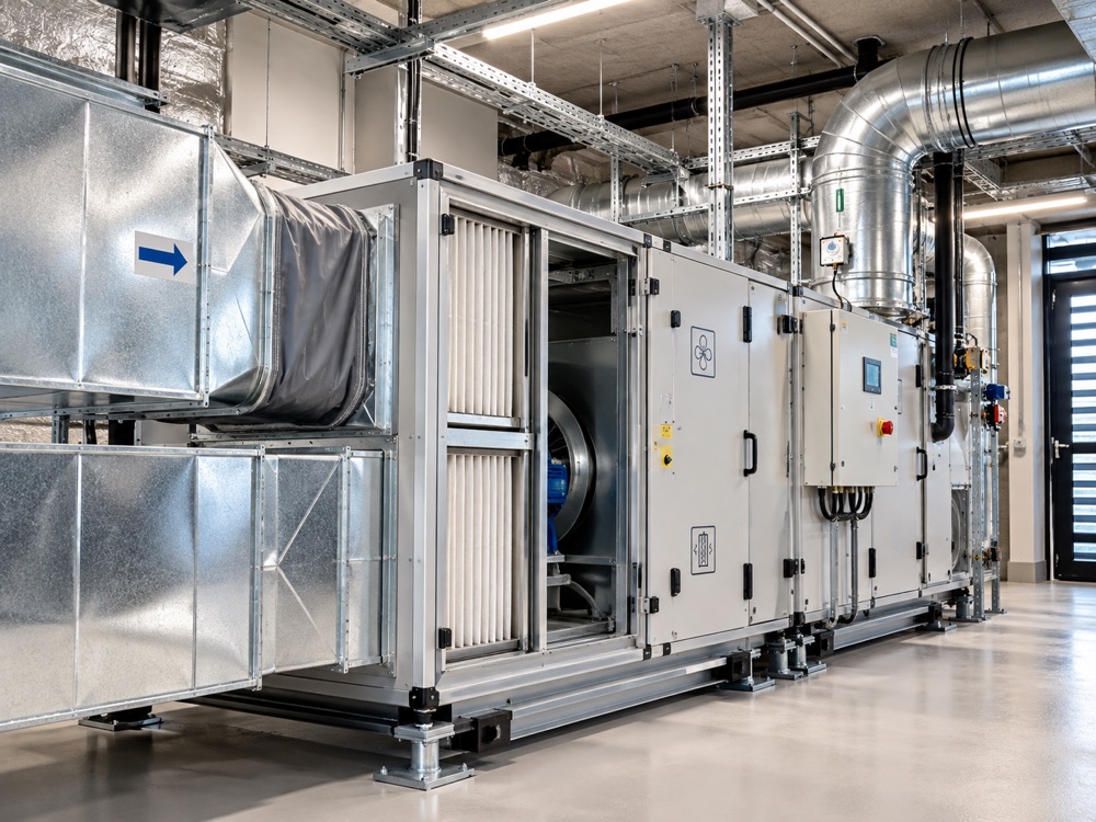 Centrale de traitement d'air et réseau de gaines dans un local technique