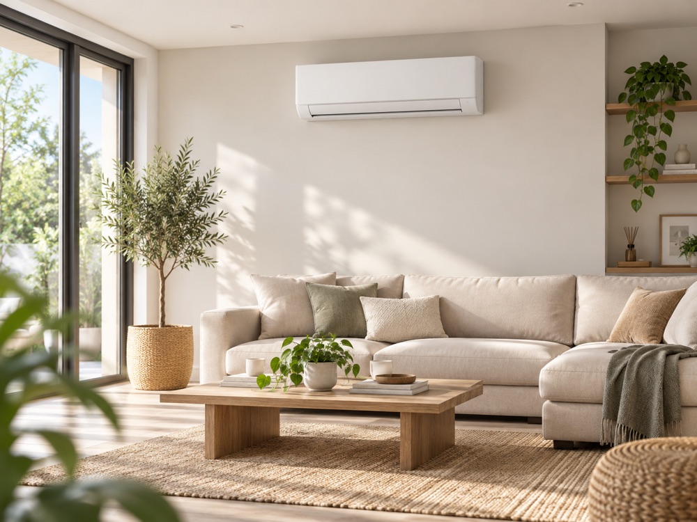 Split mural de climatisation diffusant l'air frais dans une pièce de vie