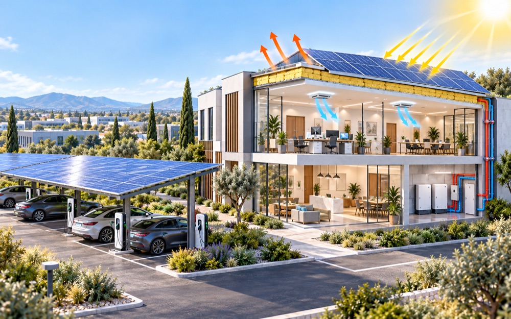 Ombrières photovoltaïques sur le parking d'un bâtiment professionnel, panneaux en toiture