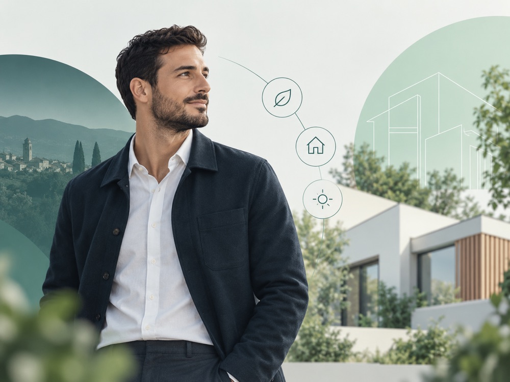 Un interlocuteur CALIGREEN devant une maison contemporaine, entouré de pictogrammes évoquant l'habitat, le solaire et la performance énergétique